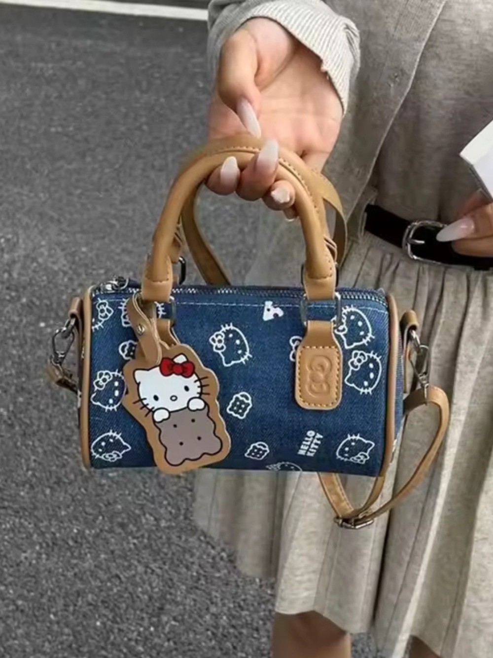 Hello Kitty Blue Denim Mini Barrel Bag with Tan Trim